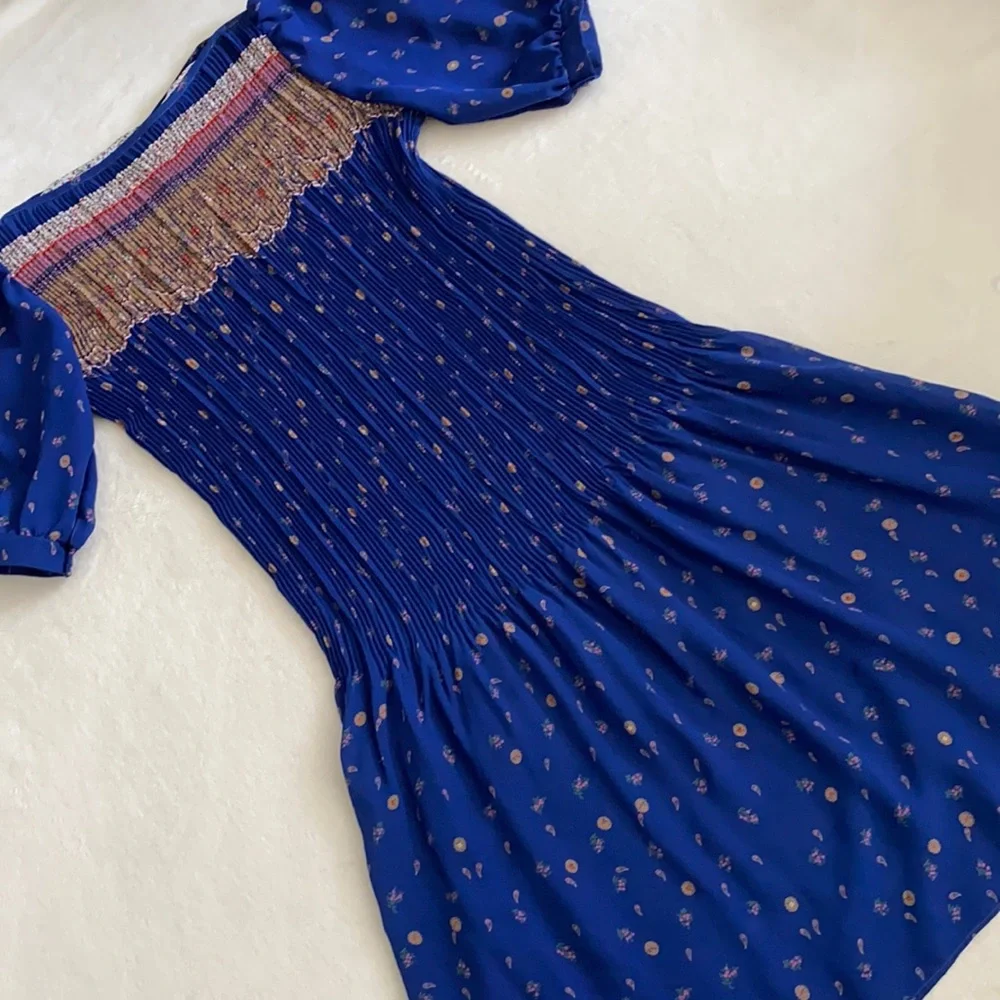 Vintage | Puff Sleeve Accordion Pleat Drop Waist Midi Dress Blue Floral Boho - Picture 2 of 16